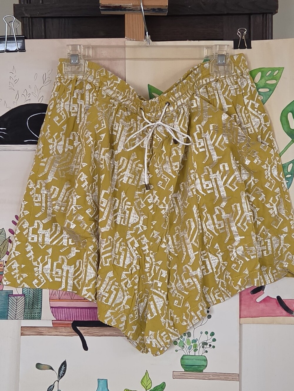 Women's Mustard Yellow Embroided Drawstring Shorts By Elevenses